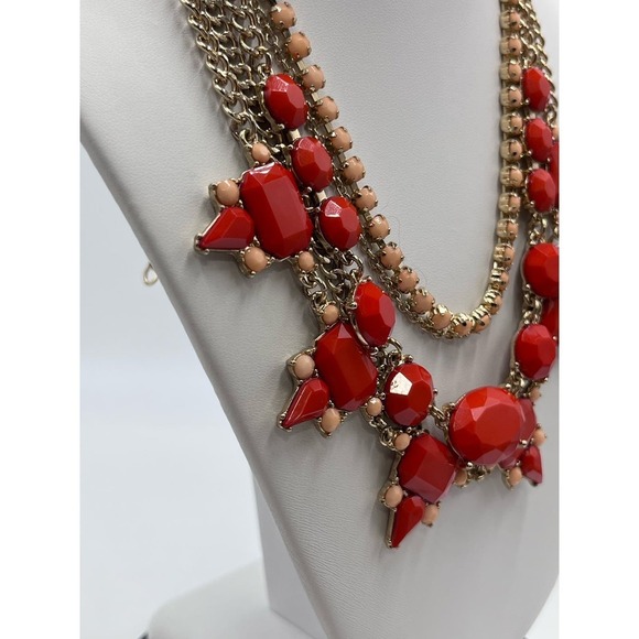 J. Crew Red Pink Peach Gold Tone Layered Multi Strand Rhinestone Necklace - Picture 7 of 14